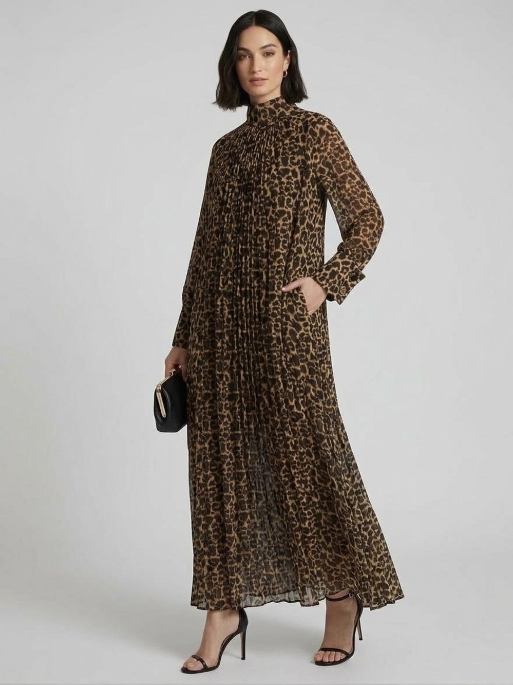 Leopard Print Long Sleeve Maxi Dress - Brown